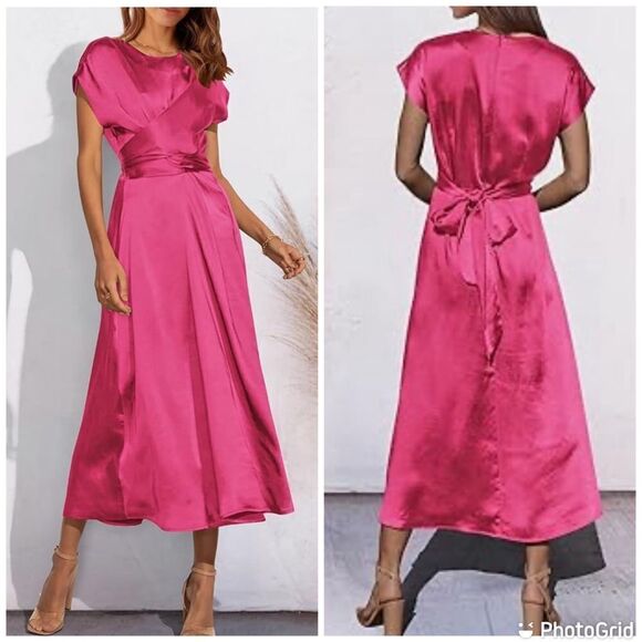 NWT PRETTYGARDEN 2023 Summer Satin Midi Cap Sleeve Tie Waist Elegant A-L… - Picture 1 of 12